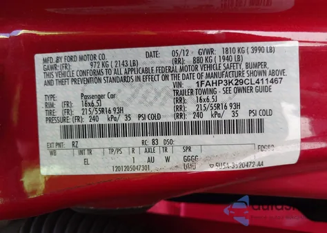 2012 Ford Focus Se z USA, uszkodzony, nr VIN 1FAHP3K29CL411467